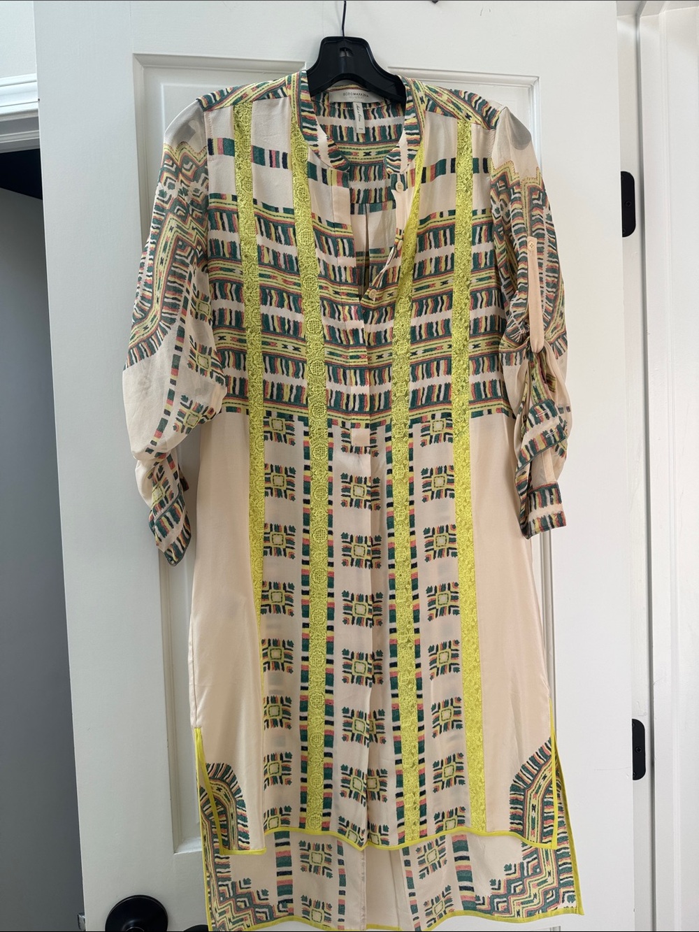 BCBGMaxAzria Cream Geo-Print Midi Dress with Lime Accents